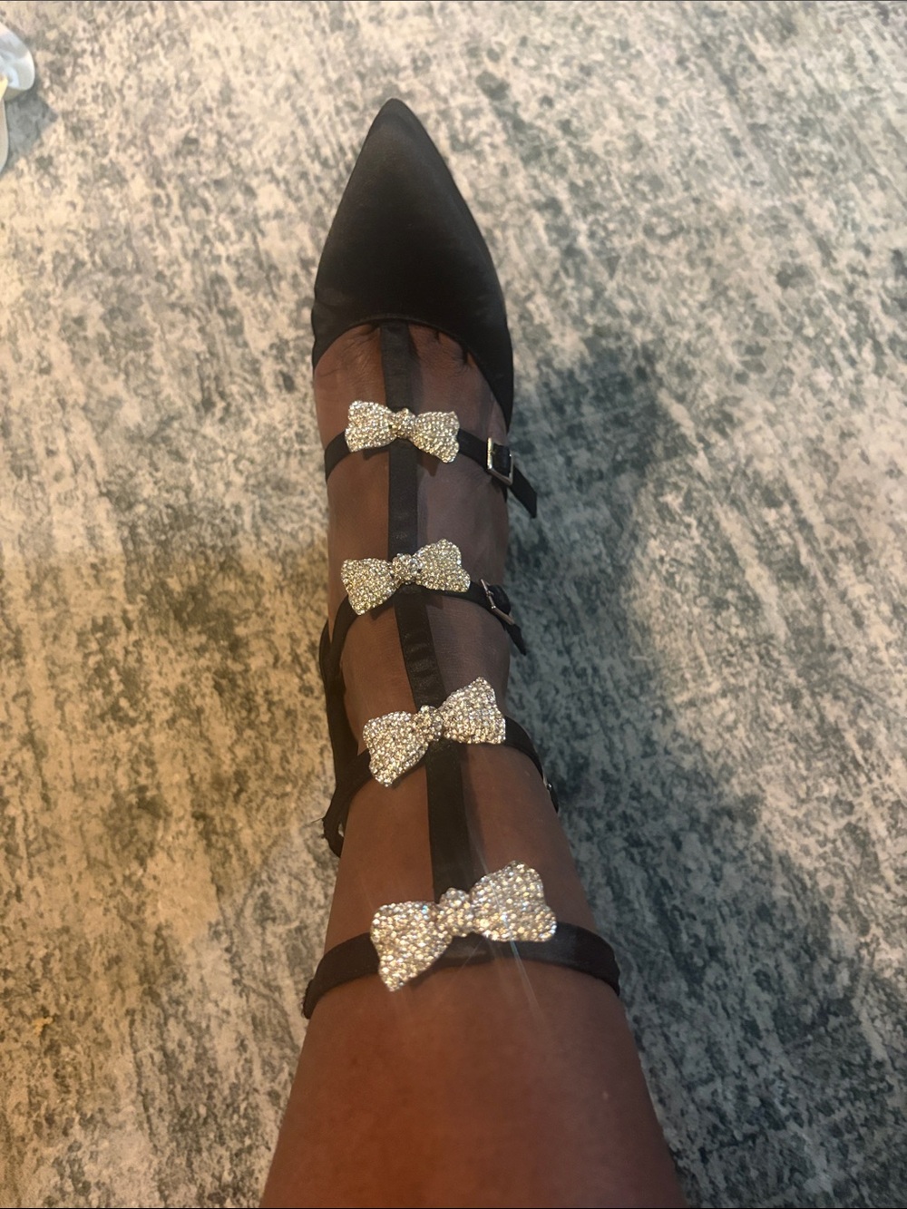 Current Mood Black Pointed T-Strap Pumps with Crystal Bow Accents